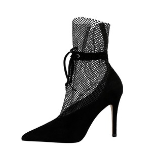 6839-2 in Europe and the us show thin thin and sexy high-heeled V mouth one word with lace mesh hollow out deep mouth wo