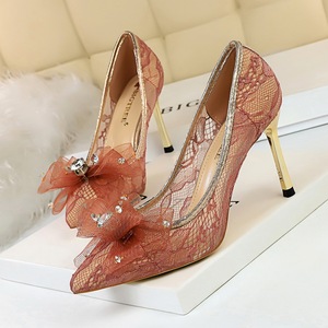 3389 han edition with high-heeled shoes with thin metal shallow pointed mouth mesh hollow-out lace bowknot diamond singl