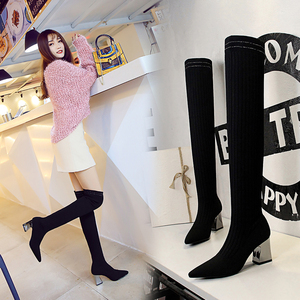 336-18 han edition fashion simple metal with thick with sexy high-heeled tines show thin boots wool knee-high boots