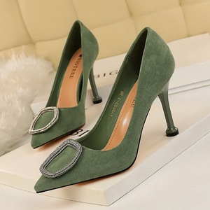 0755-2 han edition party shoes high heel with suede shallow mouth pointed sexy show thin metal diamond single shoe buckl