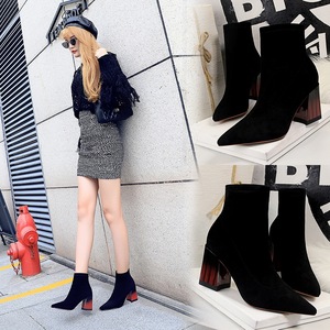 1718-2 the European and American fashion color matching wood with thick with female boots sexy high-heeled suede tines n