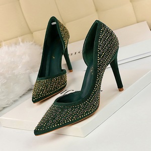 188-5 European and American fashion sexy show thin suede high-heeled shallow pointed mouth side hollow metal rivets diam