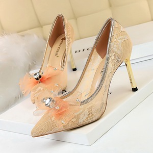 3389 han edition with high-heeled shoes with thin metal shallow pointed mouth mesh hollow-out lace bowknot diamond singl