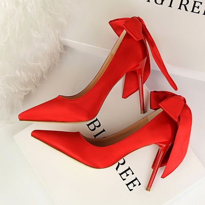 9219-8 han edition fashion footwear high-heeled shoes high heel with shallow mouth pointed silk bowknot single shoes aft