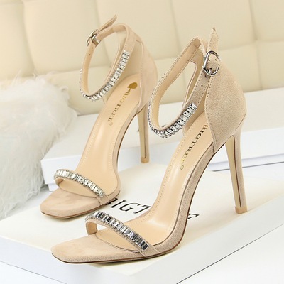 217-7 European and American wind sexy summer party with suede peep-toe shoes with ultra fine diamond one word with sanda