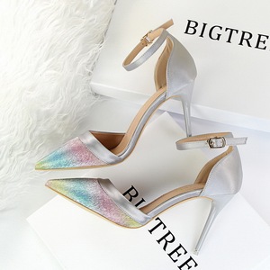 923-18 han edition show thin fine with high heels hollow out one word with lighter color gradient pointed sandals Rainbo