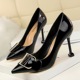 278-6 European and American wind professional women's shoe heels with patent leather high heel lighter pointed metal belt buckle shoes