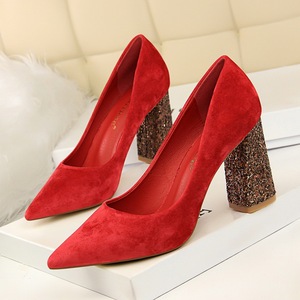 828-28 with suede high heels for women’s shoes in Europe and America sequins thick with shallow pointed mouth show thin