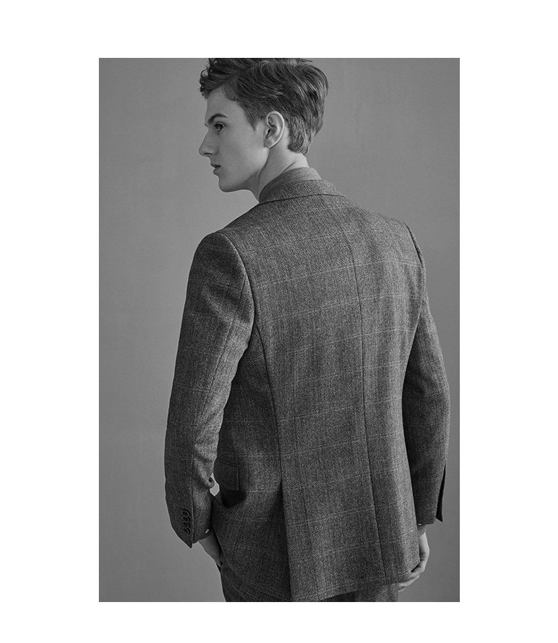 灰色格纹羊毛西服男套装英伦风新郎结婚礼服厚款休闲毛呢西装修身