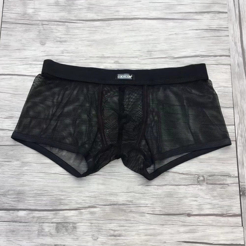 买2件包邮男士包边网纱平角内裤网眼透气低腰性感 透明内裤