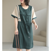 Xiao Says Design Sense Han Version Casual Heavy Pound Skyline Collision Color round collar short sleeves Dress Loose for a Thin Summer