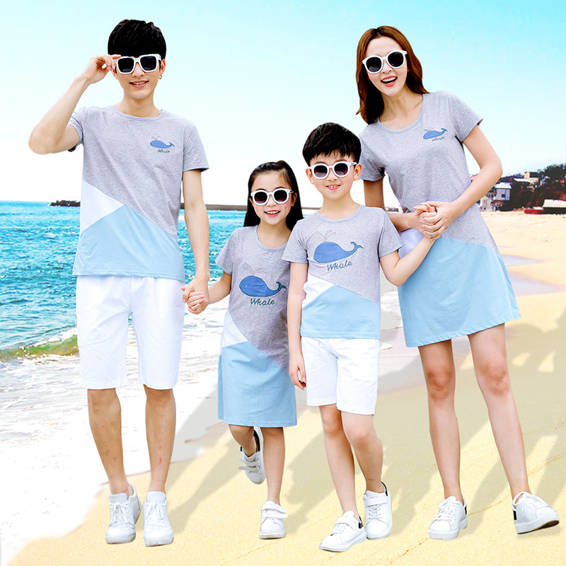 Parent-child dress summer fashion stitching mother-daughter dress a family of three casual father-son T-shirt shorts suit whole family dress