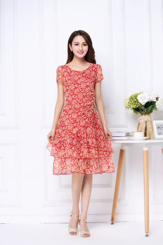 In màu lưới co giãn thoáng khí của phụ nữ mới mùa hè váy cổ tròn dài giữa mỏng trên đầu gối - Sản phẩm HOT