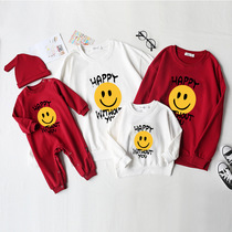 2021 autumn and winter high-end parent-child clothing family clothes tide boys and girls foreign style smiling face letter childrens clothes baby climbing clothes