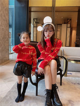 Christmas parent-child clothing autumn and winter 2021 new foreign style family three full printed letter sweater Korean childrens clothing