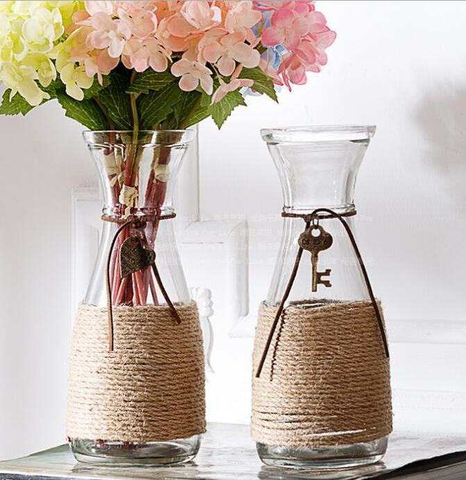 diy创意复古麻绳玻璃花瓶摆件透明水培干花客厅装饰插花 小欧式