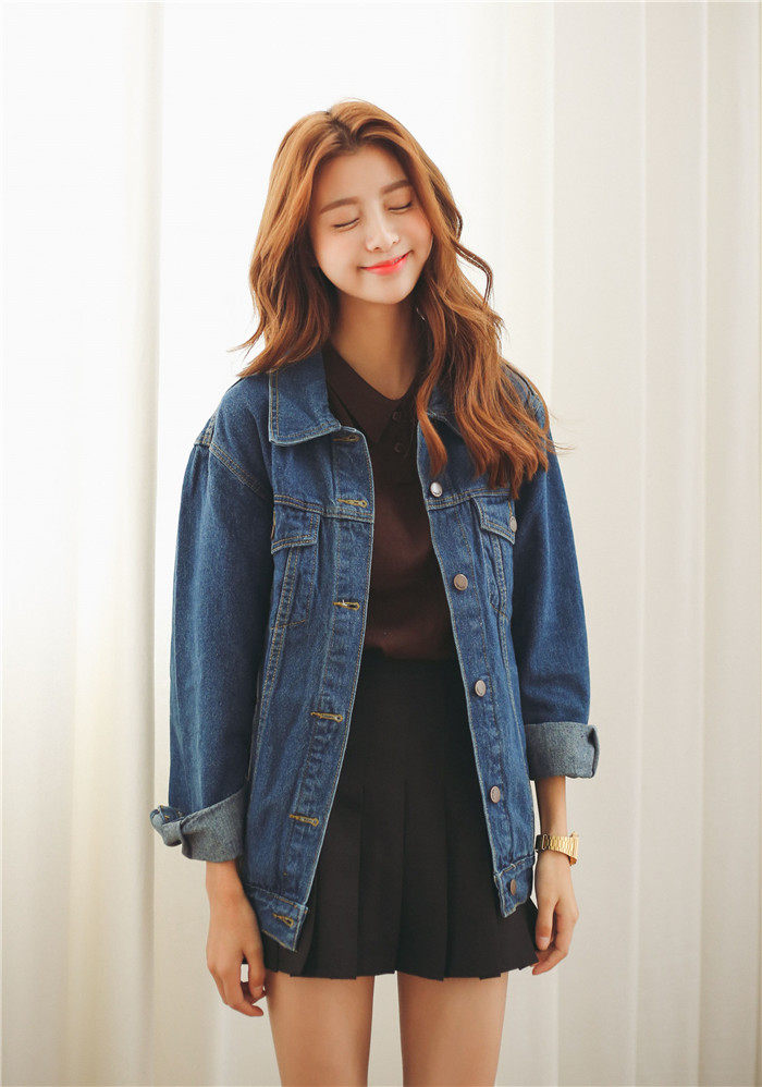 2016韩版实拍宽松简约百搭牛仔外套长袖大码女装牛仔衣