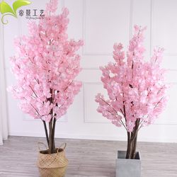 Romantic pink cherry blossom large multi-flower simulated flower tree bonsai floor-standing potted artificial plant landscape modeling floral art