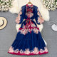 Spring and autumn retro court style temperament round neck bow bat sleeve waist print dress elegant long skirt Spring and autumn retro court style temperament round neck bow bat sleeve waist print dress elegant long skirt