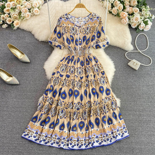 Bohemian retro temperament ethnic style V-neck waist slimming printed a-line dress seaside holiday long skirt Bohemian retro temperament ethnic style V-neck waist slimming printed a-line dress seaside holiday long skirt