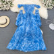 Seaside vacation elegant big swing long skirt one-shoulder off-shoulder waist slimming tie-dye printed a-line pleated dress Seaside vacation elegant big swing long skirt one-shoulder off-shoulder waist slimming tie-dye printed a-line pleated dress