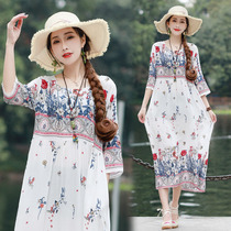 2021 summer new literary vintage printed cotton silk dress national style large size womens loose slim long skirt