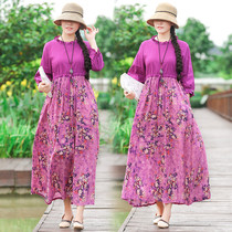 2021 early autumn new literary vintage floral cotton linen dress female splicing seven-point sleeve loose slim long skirt autumn