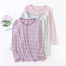 Modale striped long sleeve t-shirt female home pyjamas single-piece blouse with loose round collar for undershirt and autumn clothes can be worn out