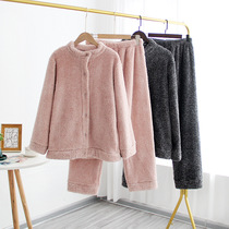 Flannel lovers pajamas autumn and winter long-sleeved womens home clothing coral fleece mens simple large size solid color two-piece suit