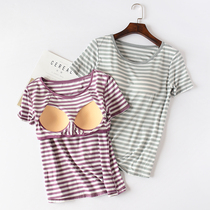 With chest cushion Summer striped short sleeves bra-free cups one-piece half sleeve T-shirt Woman Modale Home Sleeping thin