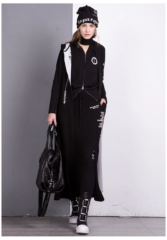 Lapargay Napajia mới của phụ nữ mùa đông đen dài áo khoác trench coat dệt kim cardigan giản dị áo khoác - Trench Coat