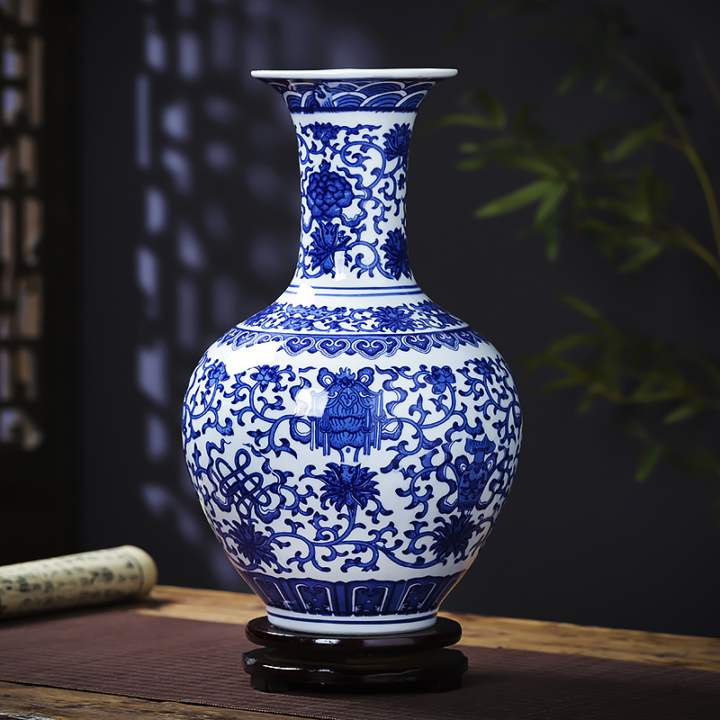 Jingdezhen ceramics antique blue and white porcelain vase flower arranging place of new Chinese style household living room TV cabinet decoration
