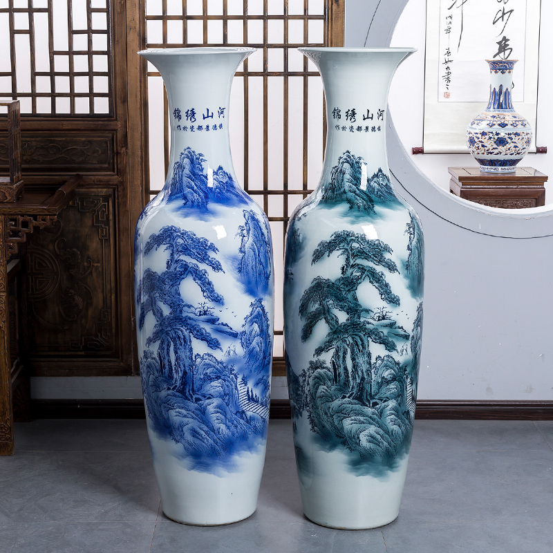 Blue and white porcelain of jingdezhen ceramics color ink large ground vase sitting room home furnishing articles furnishing articles hotel