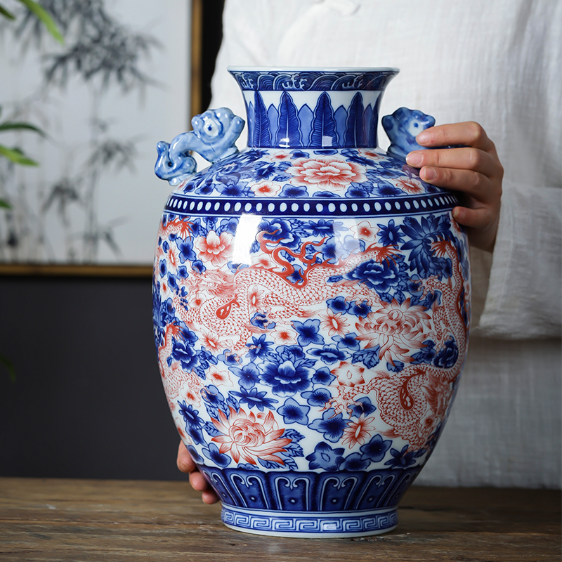 Jingdezhen porcelain ceramic antique ears of blue and white porcelain vase furnishing articles of new Chinese style household flower arrangement sitting room adornment