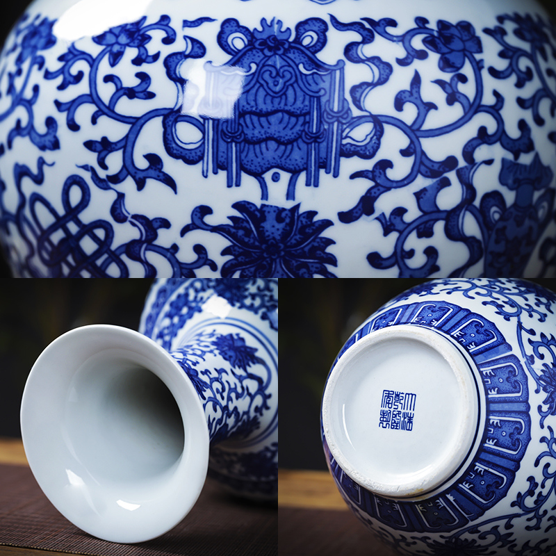 Jingdezhen ceramics antique blue and white porcelain vase flower arranging place of new Chinese style household living room TV cabinet decoration