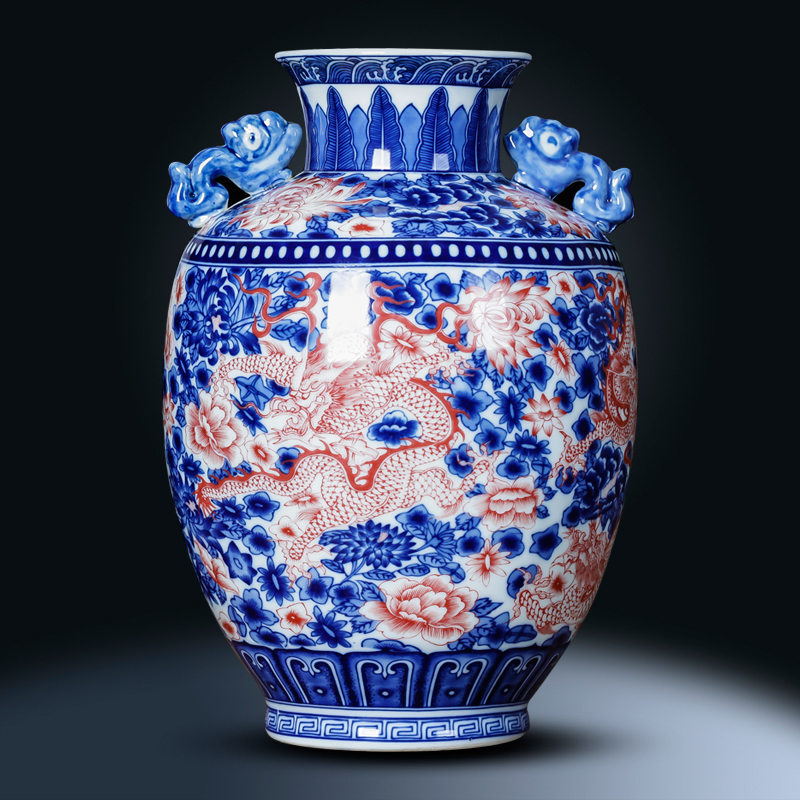 Jingdezhen porcelain ceramic antique ears of blue and white porcelain vase furnishing articles of new Chinese style household flower arrangement sitting room adornment