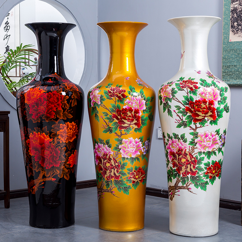 Jingdezhen porcelain ceramic red peony oversized ground vase hotel opening home sitting room adornment is placed