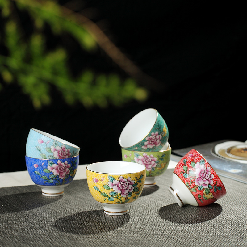 Jingdezhen ceramic tea set pastel manual pick flowers craft glass ceramic cups sample tea cup 6 suits for move