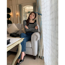 9.09 new autumn clothes|rose fashionable narrow square neck_black rice classic striped Siping craft wool top