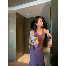 ADA MISS spring 2021 new item in the long slim bottom deep scoop neck tassel knitted vest jumpsuit short skirt