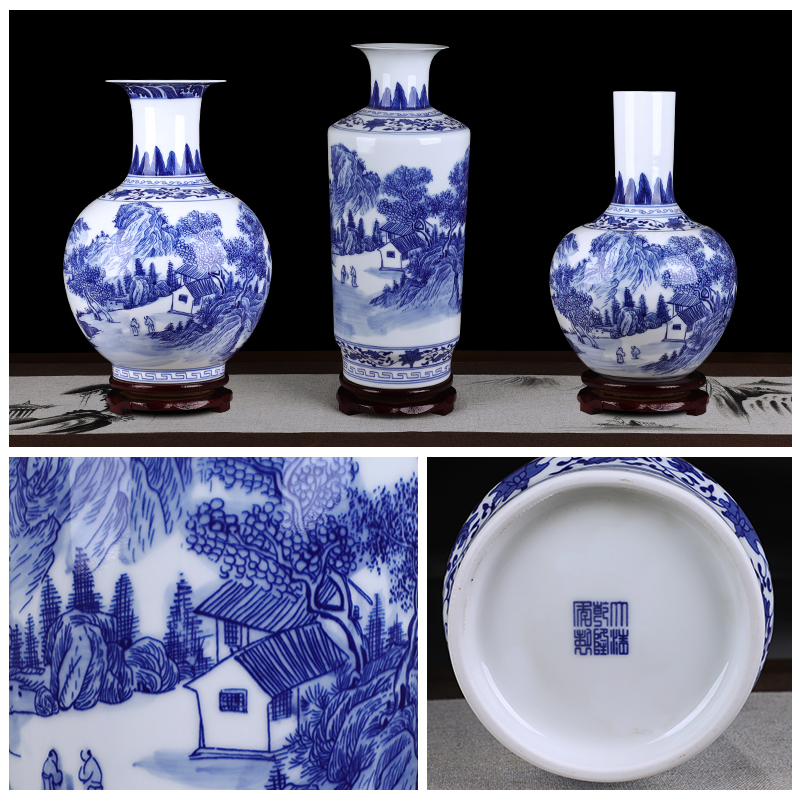 Jingdezhen ceramics hand - made landscape design blue and white porcelain vase Chinese style household desktop sitting room adornment is placed