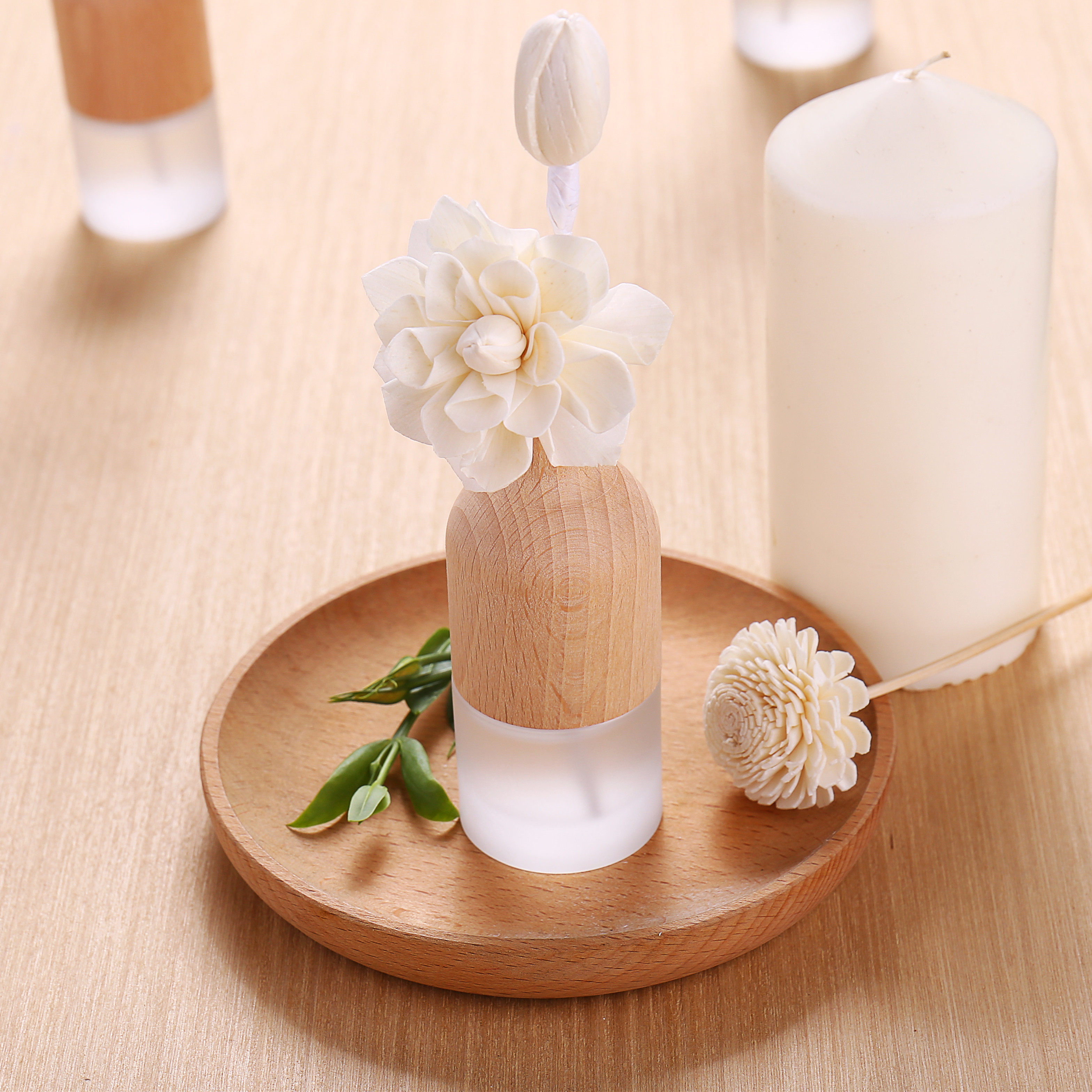 唯美天然木瓶室内干花无火香薰摆件助睡眠卧室卫生间藤条熏香精油