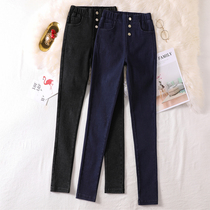 Twelve wardrobe 2020 Autumn New Korean version of high waist elastic size imitation denim small feet womens trousers fat MM womens pants tide