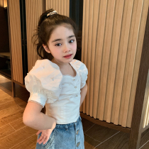 Original girl summer white pearl bubble sleeve shirt Children's fashionable side-collar doll shirt