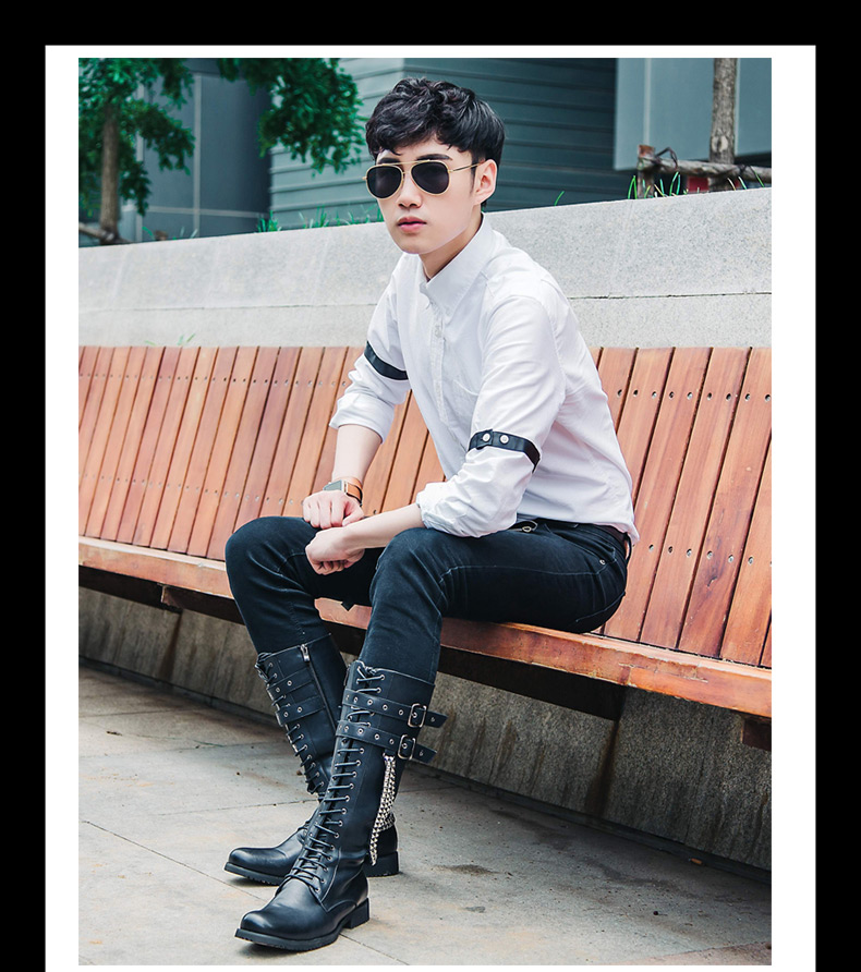 春季高筒朋克男士皮靴厚底时尚舞台演出靴潮流马丁靴长筒男靴子