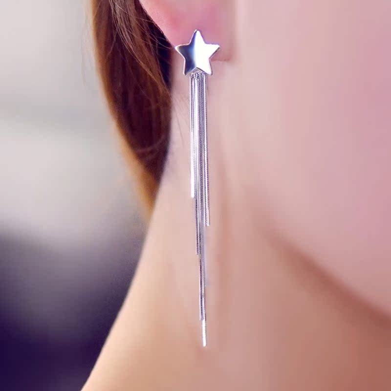 欧维希 韩版时尚五角星长款气质多个流苏链条耳环女银耳钉产品展示图3