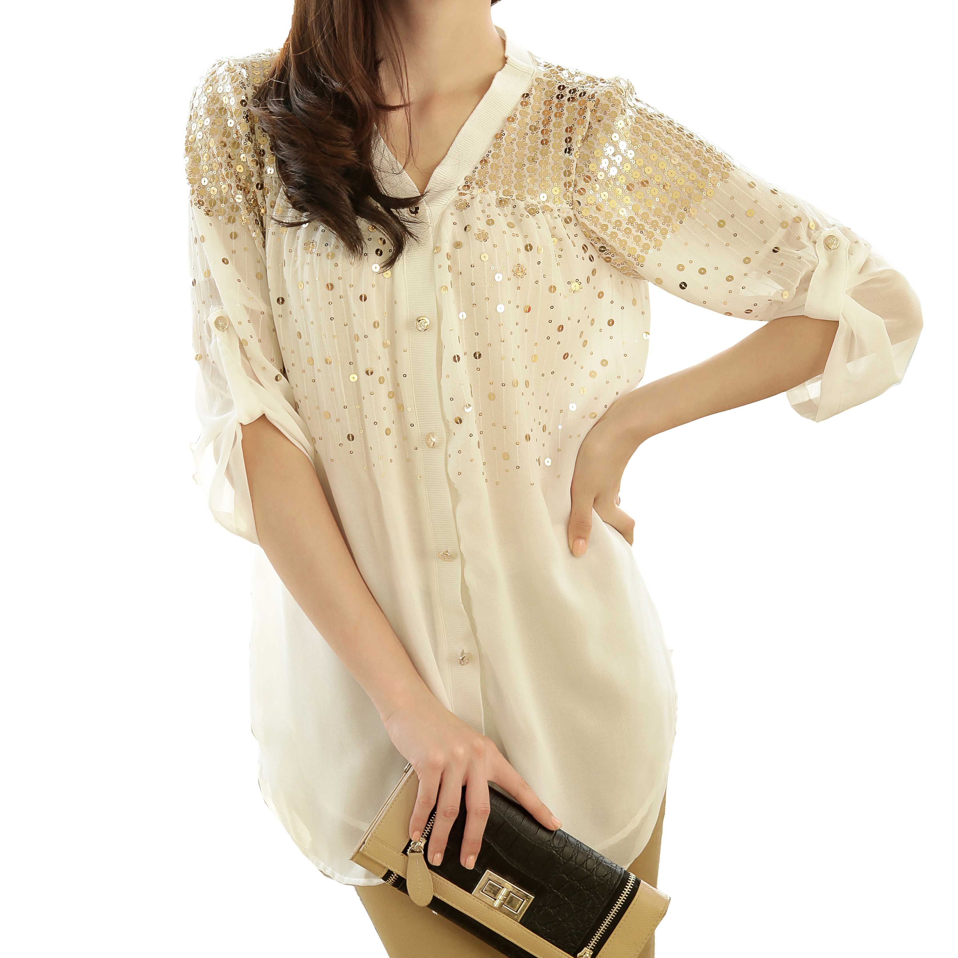 加肥加大码女装胖mm宽松显瘦中长款七分袖衬衫女亮片雪纺衫女上衣