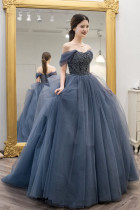 Gray and blue one-shoulder bridal wedding tutu Atmospheric thin noble tail wedding dress performance long dress Studio woman