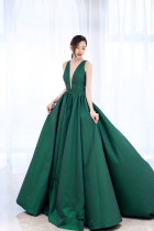 Green satin texture evening dress Evening dress 2021v collar halter atmosphere thin stage performance evening dress