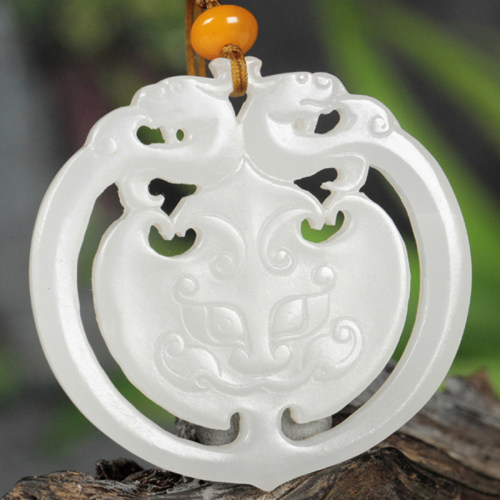 魅之恋 镂空雕刻和田玉羊脂白玉仿古龙凤牌 龙凤呈祥 30.